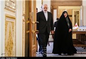 محمدجواد ظریف وزیر امور خارجه و مرضیه افخم سخنگوی وزارت امور خارجه قبل از دیدار با وزیر امور خارجه ژاپن