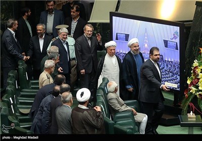حجت الاسلام روحانی رئیس جمهور و هاشمی رفسنجانی رئیس مجمع تشخیص مصلحت نظام در مراسم تحلیف رئیس جمهور