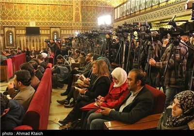 السید علی لاریجانی فی مؤتمر صحفی مشترک مع نظیره السوری فی دمشق