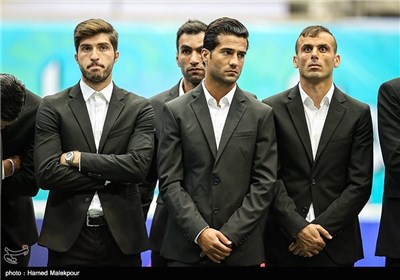 سیدجلال حسینی، مسعود شجاعی و کریم انصاری فرد در مراسم بدرقه تیم ملی فوتبال ایران به مسابقات جام جهانی 2014 برزیل