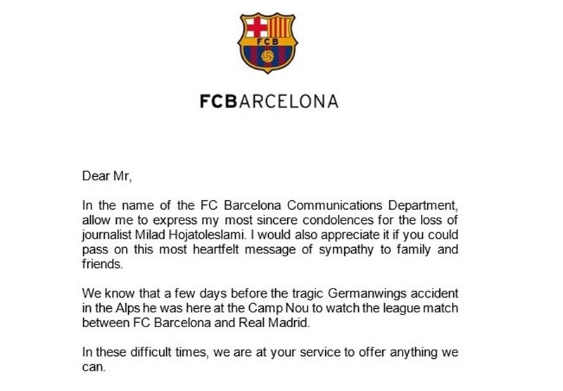 FC Barcelona Offers its Condolences over Death of Iranian Reporter