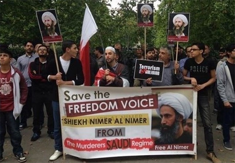 لندن تشهد تظاهرات الجالیة السعودیة ضد نظام آل‌ سعود تضامنا مع آیة الله النمر