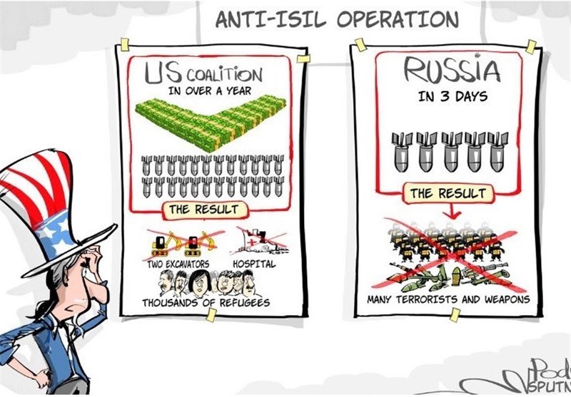 کاریکاتور/ تفاوت عملیات‌های نظامی روسیه با ائتلاف آمریکا علیه داعش