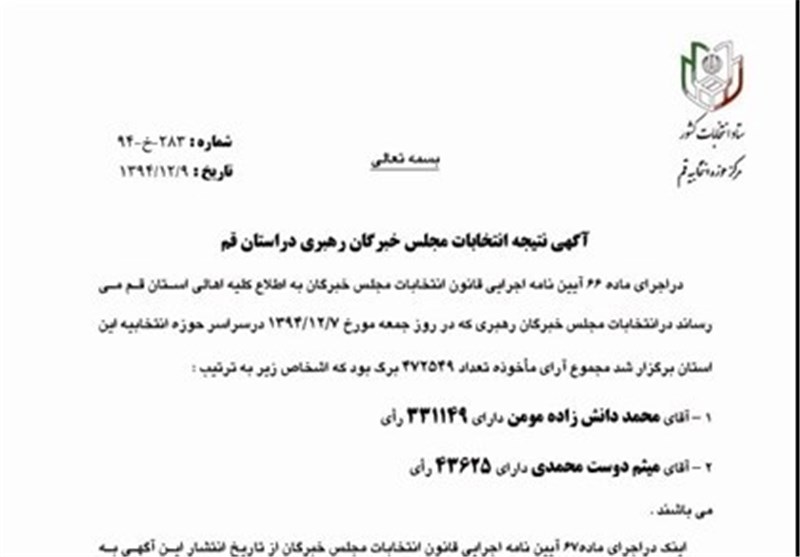 آرای 2 داوطلب نمایندگی مجلس خبرگان از حوزه انتخابیه قم