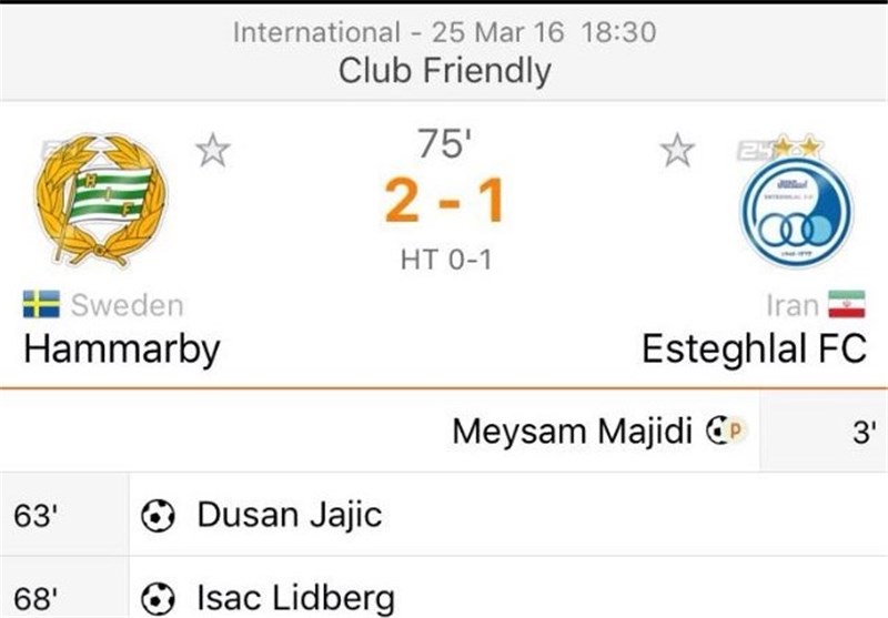 Iran’s Esteghlal Loses to Sweden’s Hammarby in Friendly