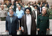 سردار حسین دهقان وزیر دفاع،حجت الاسلام سیدمحمود علوی وزیر اطلاعات و عبدالرضا رحمانی فضلی وزیر کشور در مراسم تودیع و معارفه رئیس ستاد کل نیروهای مسلح 