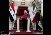 دیدار و نشست خبری علی لاریجانی و هدیه خلف عباسی روسای مجالس ایران و سوریه 