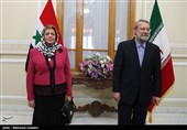 دیدار و نشست خبری علی لاریجانی و هدیه خلف عباسی روسای مجالس ایران و سوریه 