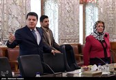 دیدار و نشست خبری علی لاریجانی و هدیه خلف عباسی روسای مجالس ایران و سوریه 