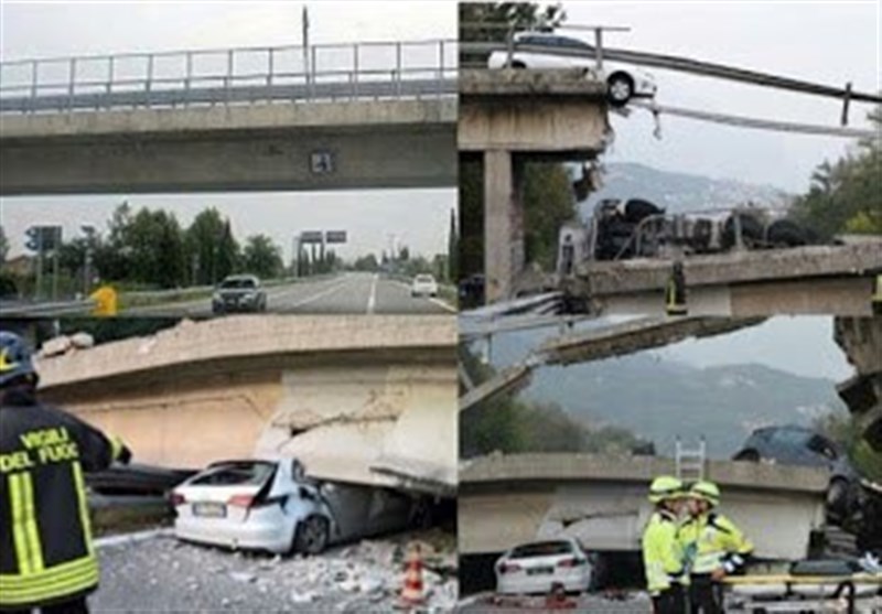فیلم/لحظه فروریختن پل روی جاده‌ای در ایتالیا