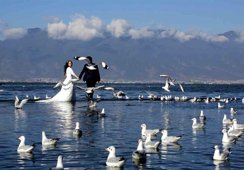 عکس / زوج چینی در کنار دریاچه‌ای در یوننان
