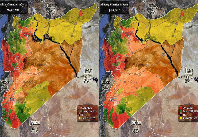 روند قهقرایی تروریست‌ها؛ پیشرفت‌های خیره‌کننده سوریه و هم‌پیمانان + نقشه‌های مقایسه‌ای