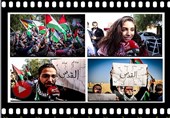 شباب فلسطین وسوریا یحتجّون أمام مبنى الأمم المتحدة؛ المقاومة المسلحة على رأس أولویاتنا +فیدیو وصور