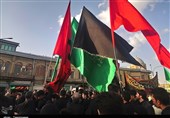 استقبال از پرچم گنبد نورانی اباعبدالله(ع) و قمر منیر بنی هاشم(ع) در همدان+تصاویر