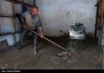 محمد پورخانعلی 50 ساله در حال تمیز کردن گل و لایی که سیل با خود به داخل مغازه آورده است. رانش زمین و سقوط تکه سنگی بزرگ دیوار مغازه اش را سوراخ کرده، سیل تمام وسایل و مواد غذایی را با خود برده است./ روستای خرجگیل تالش