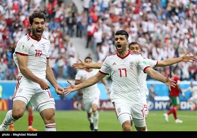 شادی بازیکنان تیم ملی فوتبال پس از پیروزی مقابل تیم مراکش در مسابقات جام جهانی 2018 روسیه