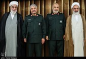 حجت‌الاسلام عبدالله حاج‌صادقی نماینده ولی فقیه در سپاه، سرلشکر حسین سلامی فرمانده کل سپاه، سرلشکر محمدعلی جعفری فرمانده قرارگاه فرهنگی و اجتماعی حضرت بقیه‌الله(عج) و حجت‌الاسلام محمدی گلپایگانی رئیس دفتر مقام معظم رهبری در مراسم تودیع و معارفه فرمانده کل سپاه پاسداران انقلاب اسلامی