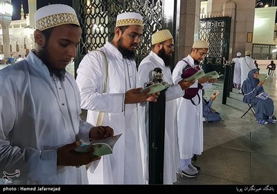 Muslims at Masjid Al-Nabawi during Hajj Rituals 