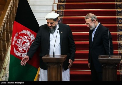 علی لاریجانی و فضل هادی مسلم یار رؤسای مجالس ایران و افغانستان در پایان کنفرانس خبری مشترک