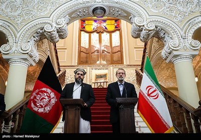 کنفرانس خبری مشترک علی لاریجانی و فضل هادی مسلم یار رؤسای مجالس ایران و افغانستان