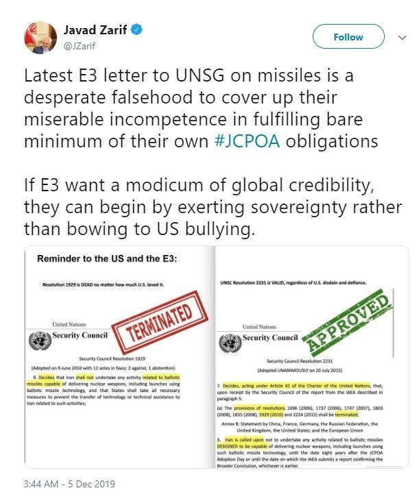 Zarif Hits Back at E3 for UN Letter on Iran’s Missile Program ...