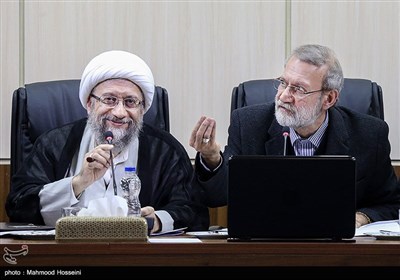 علی لاریجانی رئیس مجلس و آیت‌الله صادق آملی لاریجانی در جلسه مجمع تشخیص مصلحت نظام 