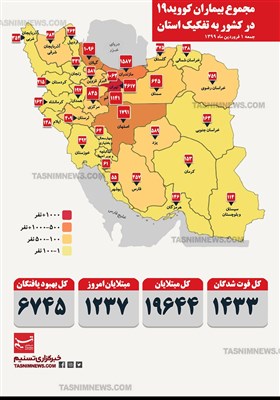 اینفوگرافیک/ مجموع بیماران کویید 19 (کرونا) در کشور به تفکیک استان / جمعه یکم فروردین 1399
