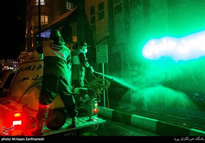 ضدعفونی معابر شمالی تهران توسط نیروهای گردان جماران یگان ویژه فاتحین