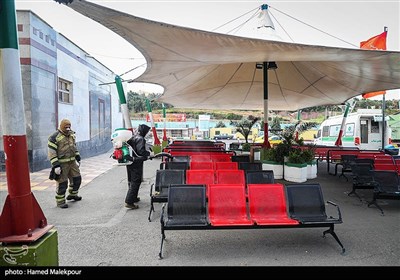 ضدعفونی و گندزدایی ترمینال مسافربری شرق تهران در قالب طرح رزمایش مشترک مدافعان سلامت