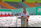 سخنرانی شاهین فتحی مدیر عامل جمعیت هلال احمر استان تهران در آیین بسته بندی و توزیع2000 بسته معیشتی اهدایی خیرین استان تهران
