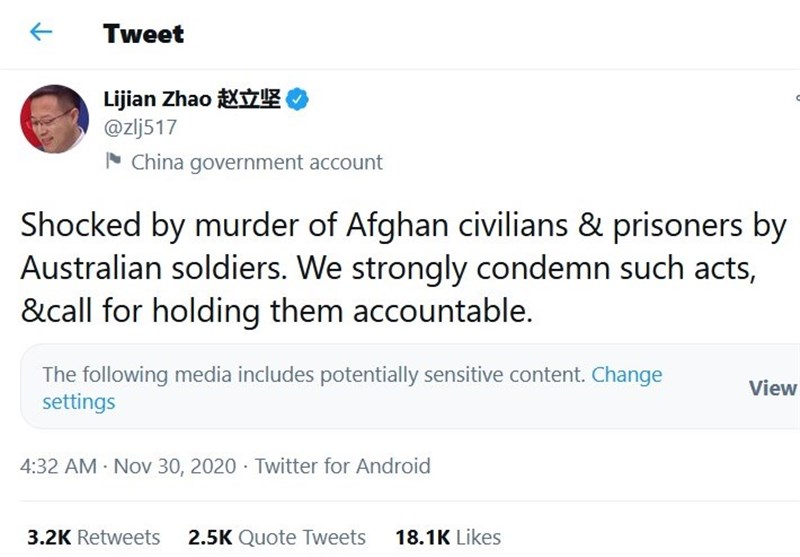 مخالفت چین با درخواست استرالیا برای پاک کردن توییت جنجالی
