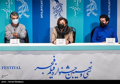 وحید رهبانی، مهلقا باقری و پژمان جمشیدی در نشست خبری فیلم شیشلیک - سی و نهمین جشنواره فیلم فجر