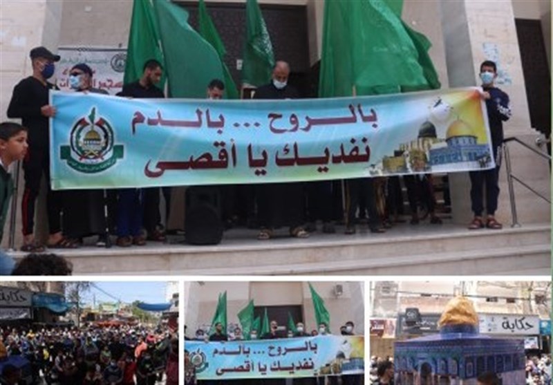راهپیمای غزه در حمایت از فلسطینیان ساکنان قدس اشغالی/ حضور 60 هزار نمازگزار فلسطینی در مسجدالاقصی