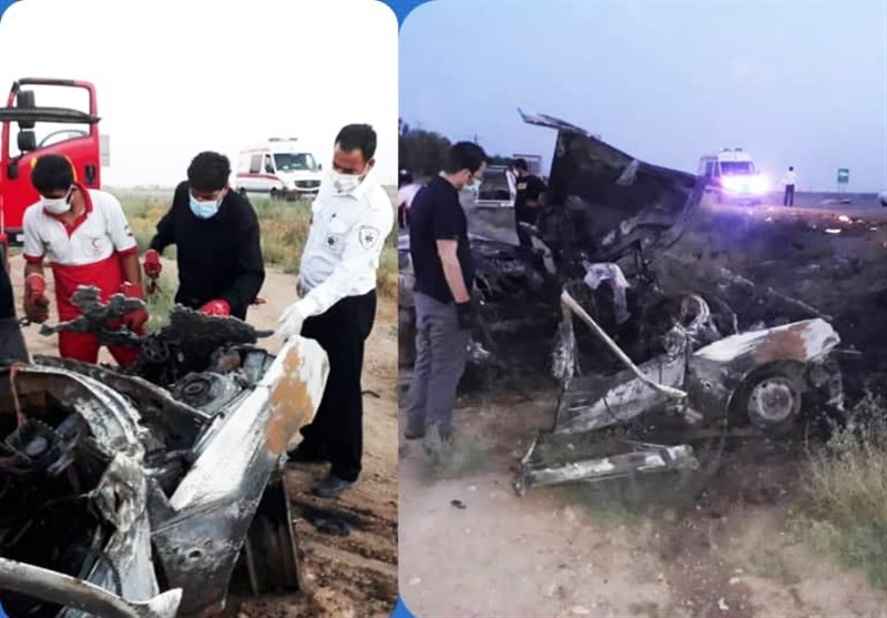 تصادف مرگبار خودروی سواری با کامیون در استان قزوین/ 3 نفر در اثر حریق کشته شدند