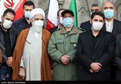 سردار علی فدوی جانشین فرمانده سپاه پاسداران و حجت الاسلام اختری در مراسم تشییع شهید حسن ایرلو سفیر ایران در یمن