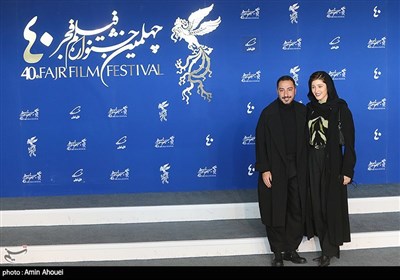 فرشته حسینی و همسرش نوید محمدزاده پیش از اکران فیلم سینمایی دسته دختران در پنجمین روز چهلمین جشنواره فیلم فجر