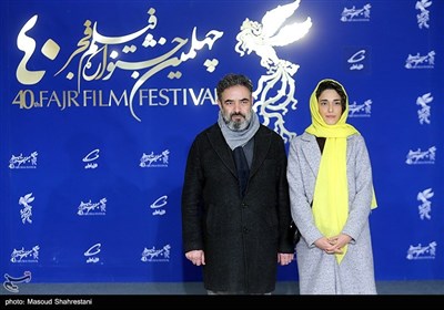 حسن معجونی و همسرش پیش از اکران فیلم سینمایی شب طلایی در ششمین روز چهلمین جشنواره فیلم فجر
