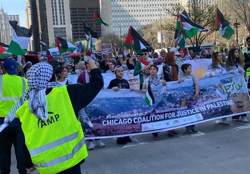 برگزاری تظاهرات در شیکاگو در اعتراض به حمله وحشیانه صهیونیست‌ها به فلسطینیان