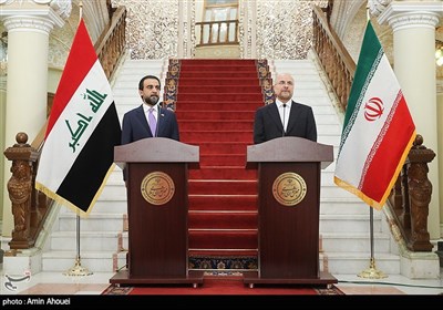  کنفرانس خبری محمدباقر قالیباف رئیس مجلس ایران و محمد الحبوسی رئیس مجلس عراق 