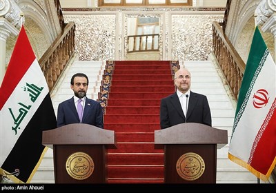  کنفرانس خبری محمدباقر قالیباف رئیس مجلس ایران و محمد الحبوسی رئیس مجلس عراق 