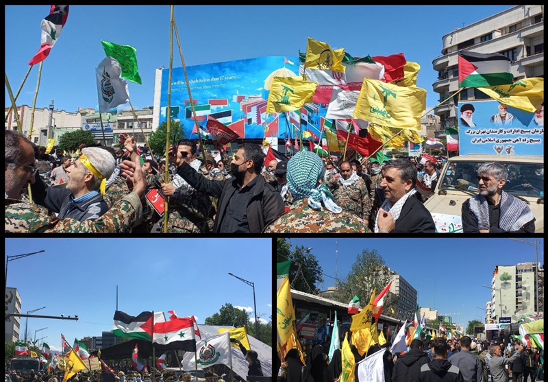 حضور پرشور مردم تهران در راهپیمایی روز قدس/ تاکید راهپیمایان بر حمایت بیشتر از گروه‌های مقاومت
