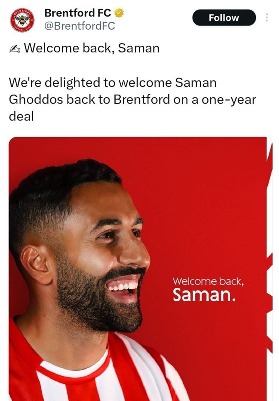 Brentford Re-Signs Free Agent Saman Ghoddos