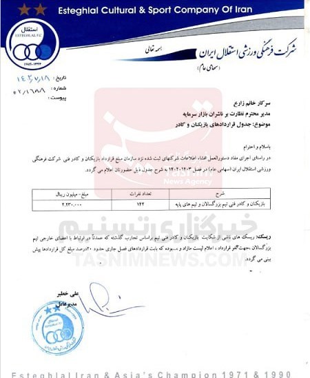 سند باشگاه استقلال از رعایت سقف بودجه 2