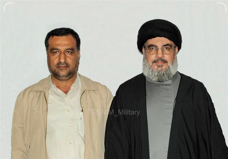 شهید سردار سیدرضی موسوی در کنار سیدحسن نصرالله دبیرکل حزب الله لبنان