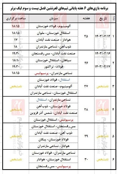 برنامه 6 بازی پایانی پرسپولیس و استقلال و فانوس به‌دستان لیگ 4