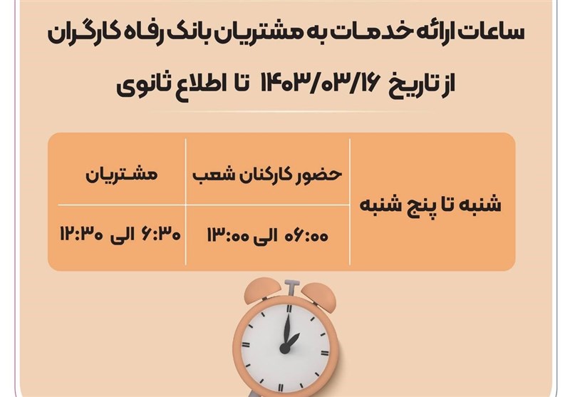ساعات کار جدید شعب بانک رفاه از 16 خرداد
