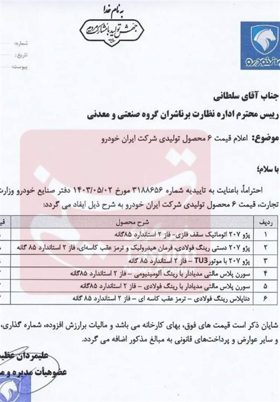 قیمت جدید 6 محصول ایران خودرو اعلام شد