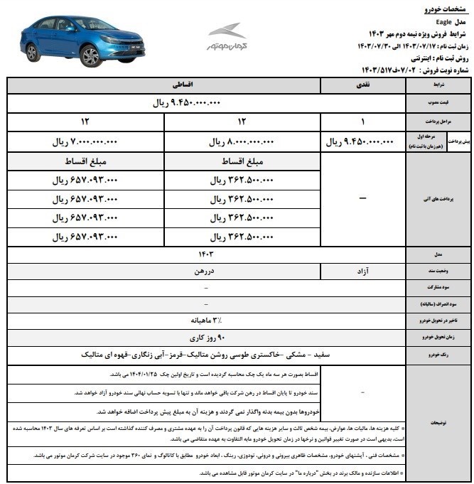 شرایط فروش خودرو جدید KMC ایگل برای اولین بار 2