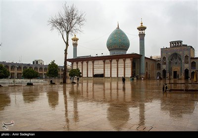 بارش باران در صحن حرم مطهر حضرت شاهچراغ (ع)