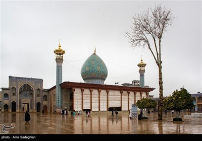 بارش باران در صحن حرم مطهر حضرت شاهچراغ (ع)